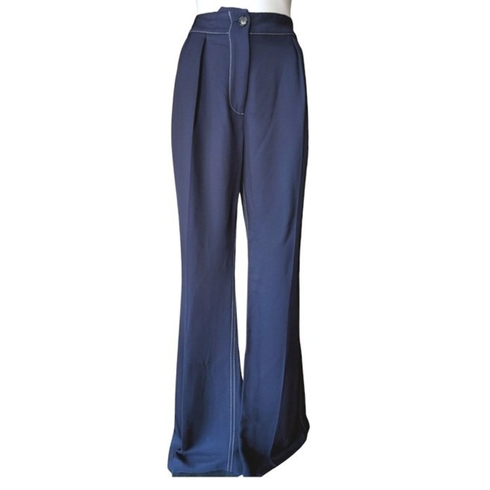 Marni Navy Blue Contrast Stitch Wide Leg High Waist Trousers PAMA0018A0TV636‎ 44